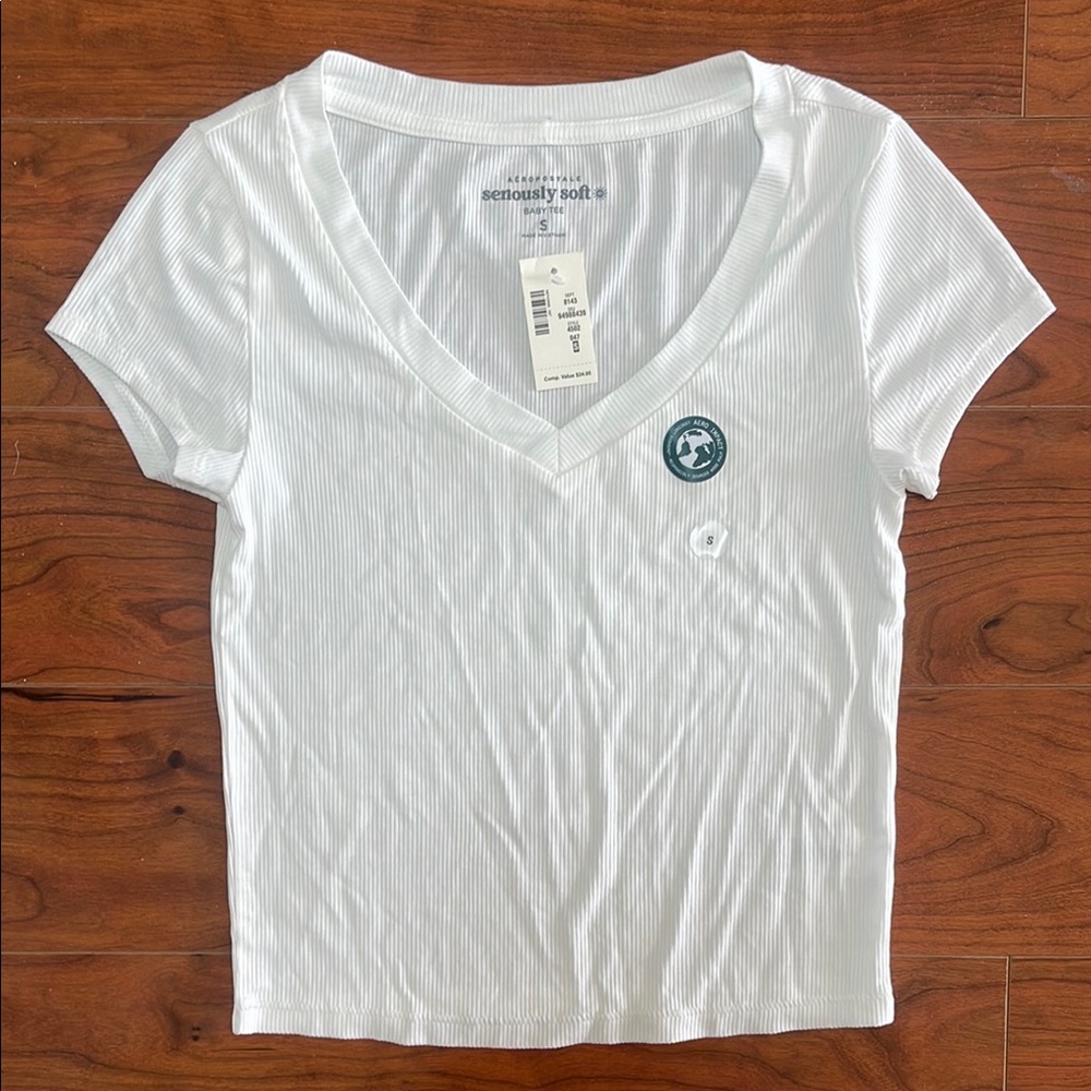 NWT Aeropostale Senously Soft White Ribbed V Neck Short Sleeve Baby Tee Shirt